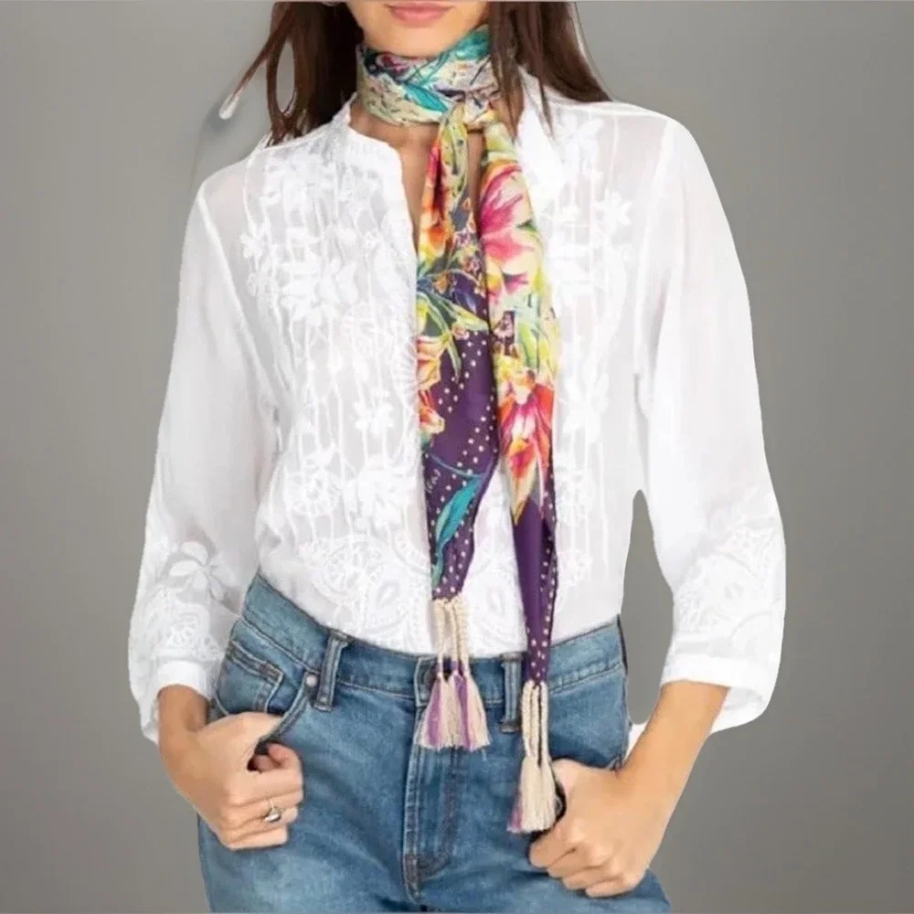 Johnny‎ Was Silk Floral Print Scarf Tasseled Colorful Artsy Boho Square Women's